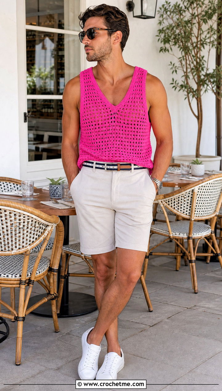 V Neck Crochet Tank Top With Chino Shorts - 30 Mens Crochet Tank Top outfit ideas