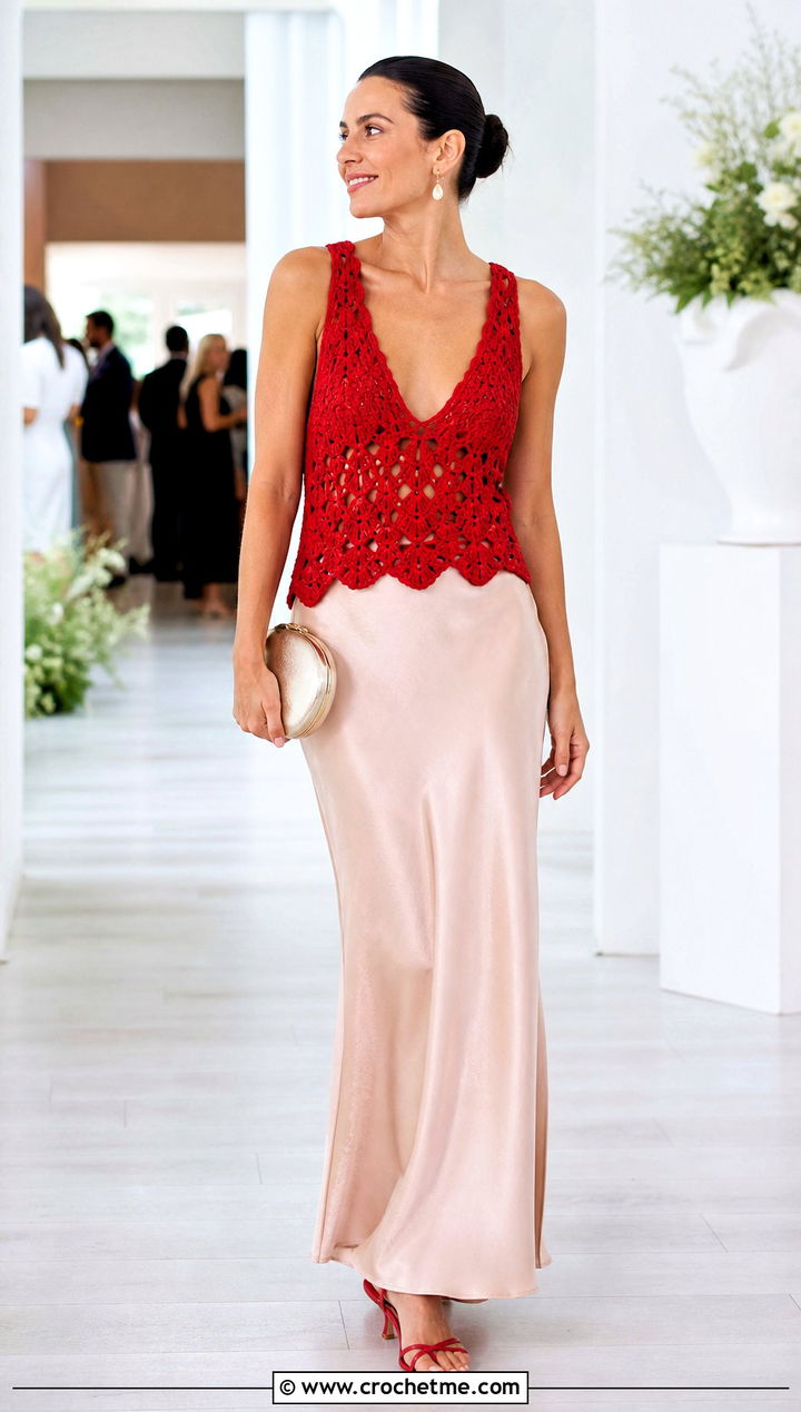 V Neck Crochet Tank Top With Satin Maxi Skirt - 30 crocheted tank tops outfit ideas