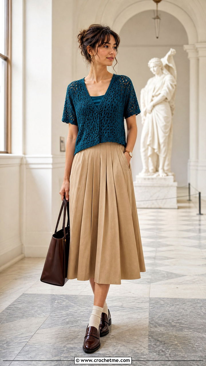 V Neck Crochet Tee With Pleated Midi Skirt - 35 beginner crochet tops outfit ideas