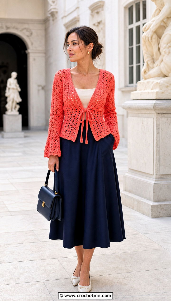 V Neck Crochet Tie Cardigan With A Line Midi Skirt - 35 crochet tie cardigan outfit ideas