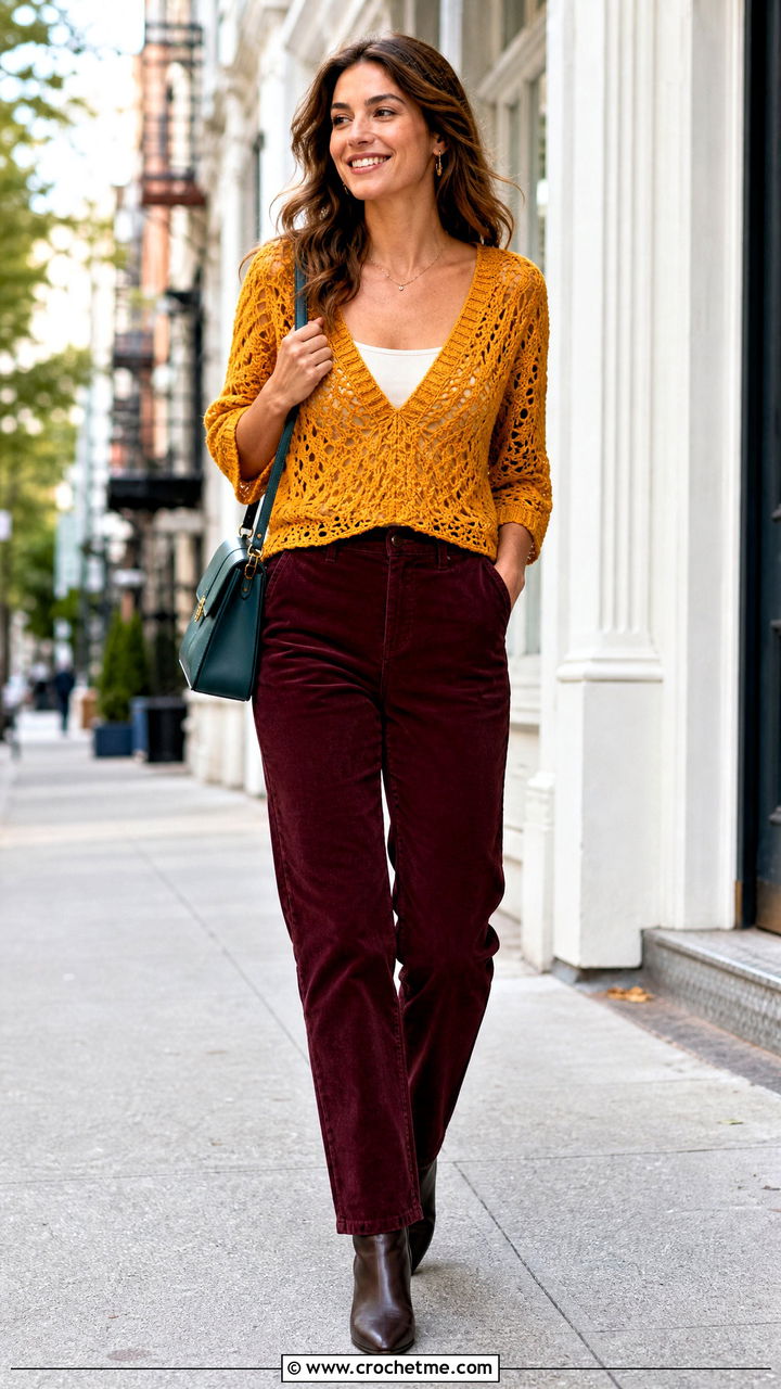 V Neck Crochet Top With Corduroy Pants - 35 simple crochet tops outfit ideas