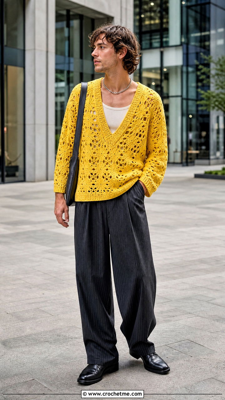 V Neck Crochet Top With Pinstripe Trousers - 35 crochet top men outfit ideas