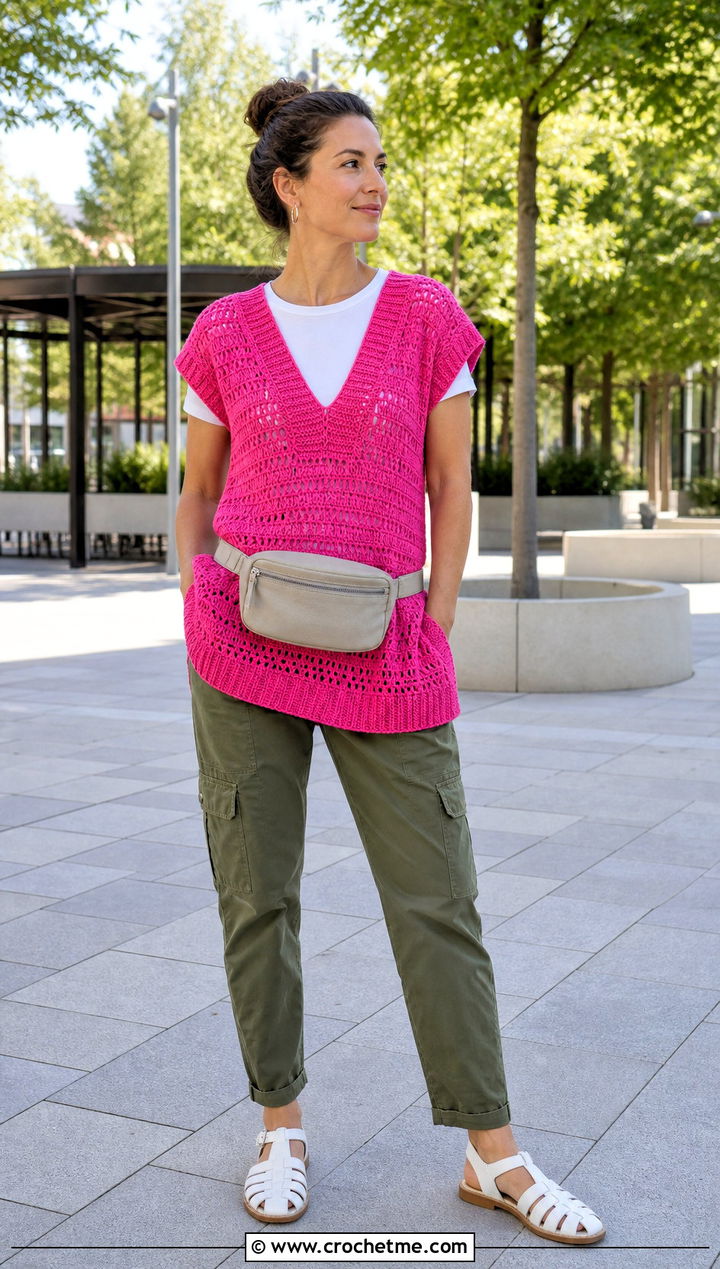 V Neck Crochet Tunic With Cargo Pants - 15 Crochet Tunics For Women outfit ideas