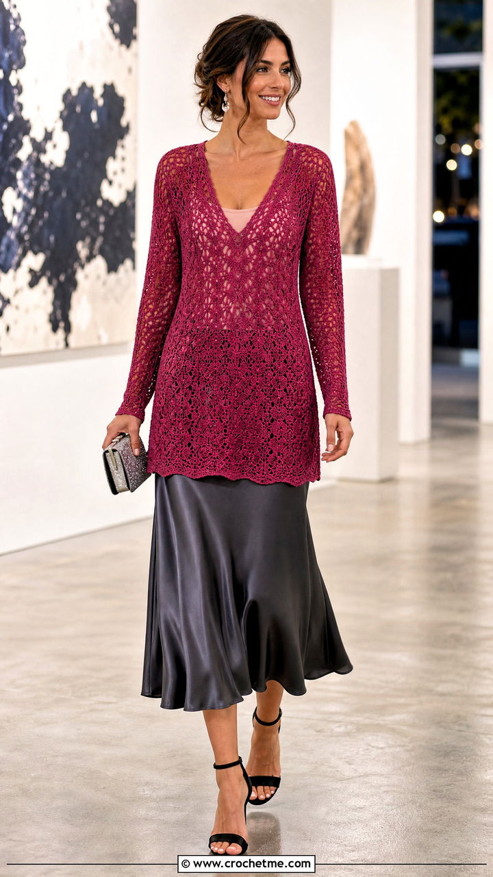 V Neck Crochet Tunic With Satin Midi Skirt - 35 crochet tunic outfit ideas