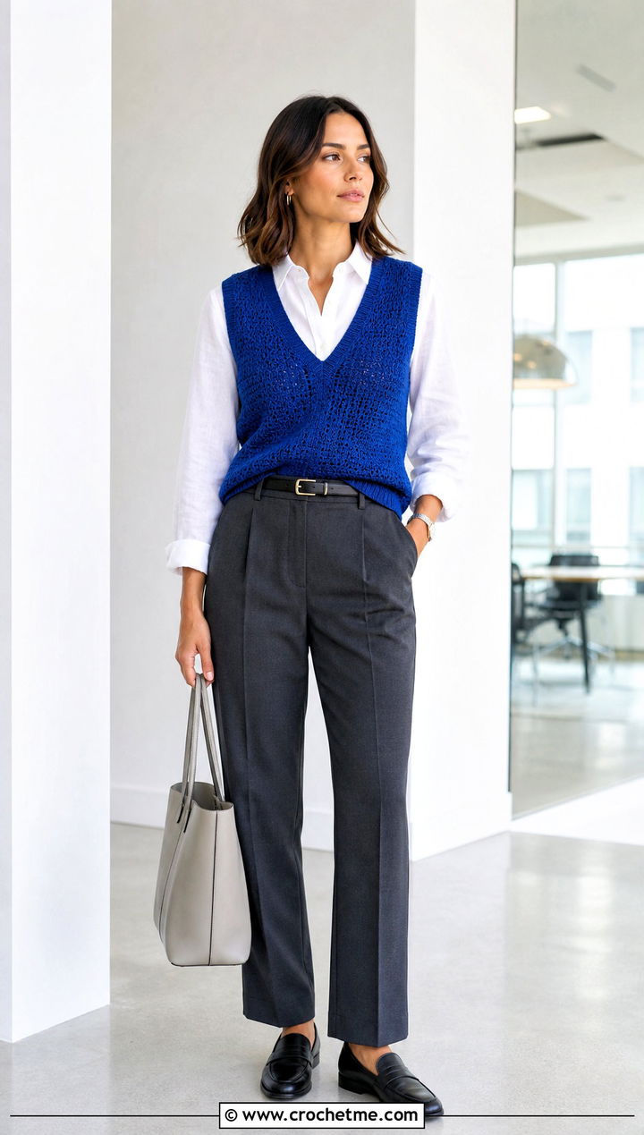V Neck Crochet Vest With Tailored Trousers - 25 beginner crochet vest outfit ideas