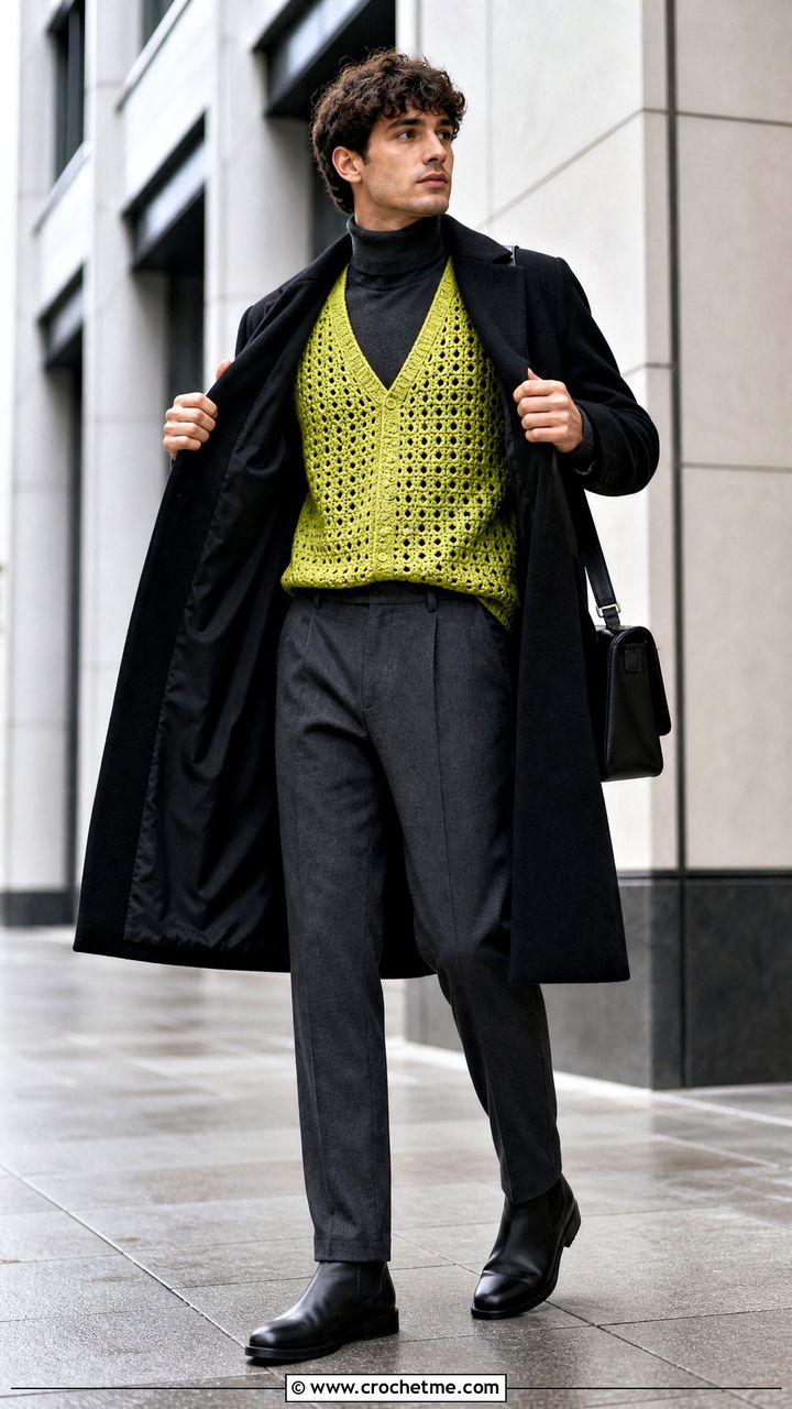 V Neck Crochet Vest With Turtleneck And Wool Trousers - 35 crochet vest for men outfit ideas