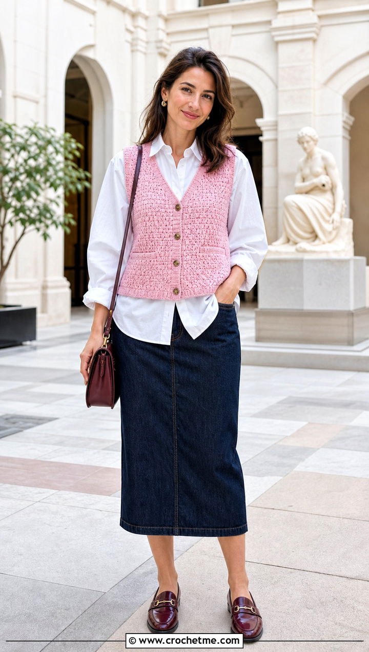 V Neck Crochet Waistcoat With White Shirt And Denim Skirt - 15 easy crochet waistcoat outfit ideas