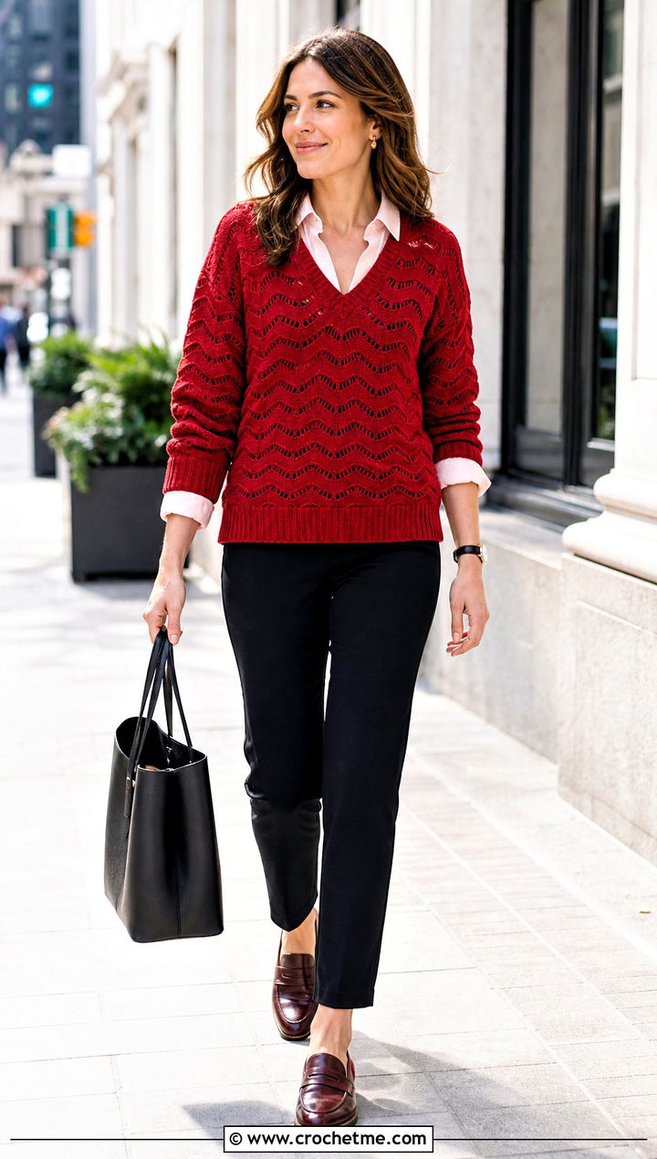 V Neck Crochet Wave Sweater With Collared Shirt And Cigarette Pants - 30 crochet wave sweater outfit ideas