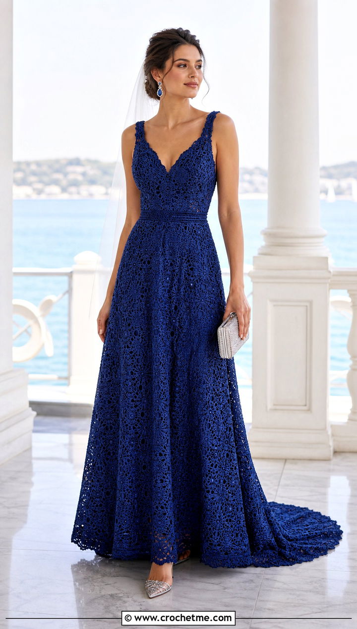 V Neck Crochet Wedding Gown With Crystal Pumps - 30 crochet wedding dress gowns outfit ideas