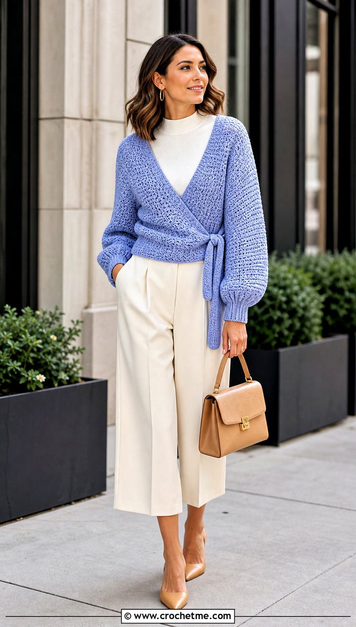 V Neck Crochet Wrap Sweater With Culottes - 35 crochet wrap sweater outfit ideas