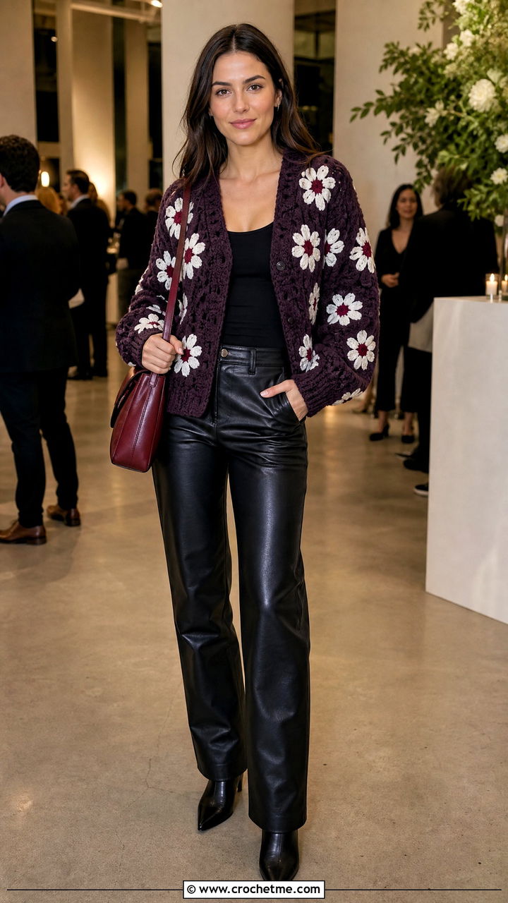 V Neck Daisy Cardigan With Faux Leather Pants - 35 Crochet Daisy Cardigan outfit ideas