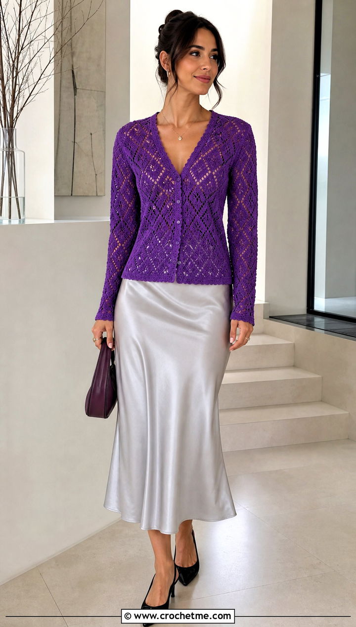 V Neck Diamond Crochet Cardigan With Satin Skirt - 30 diamond crochet cardigan outfit ideas
