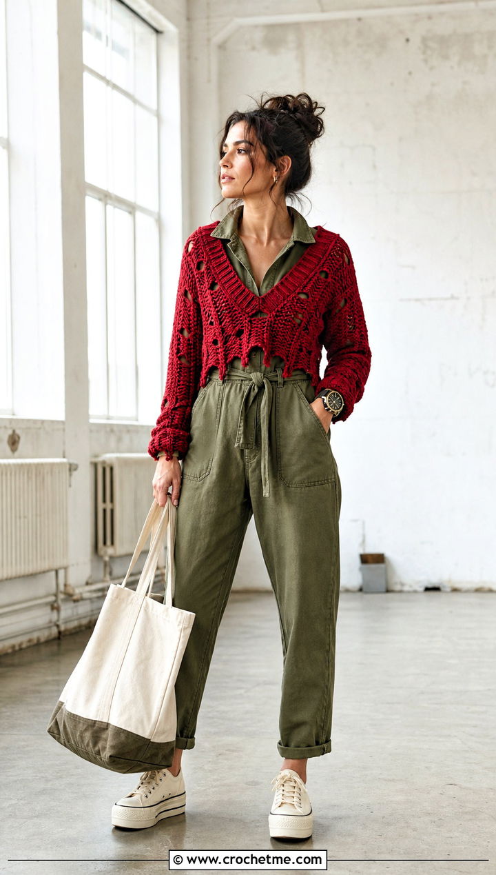 V Neck Distressed Crochet Sweater Over A Utility Jumpsuit - 35 distressed crochet sweater outfit ideas