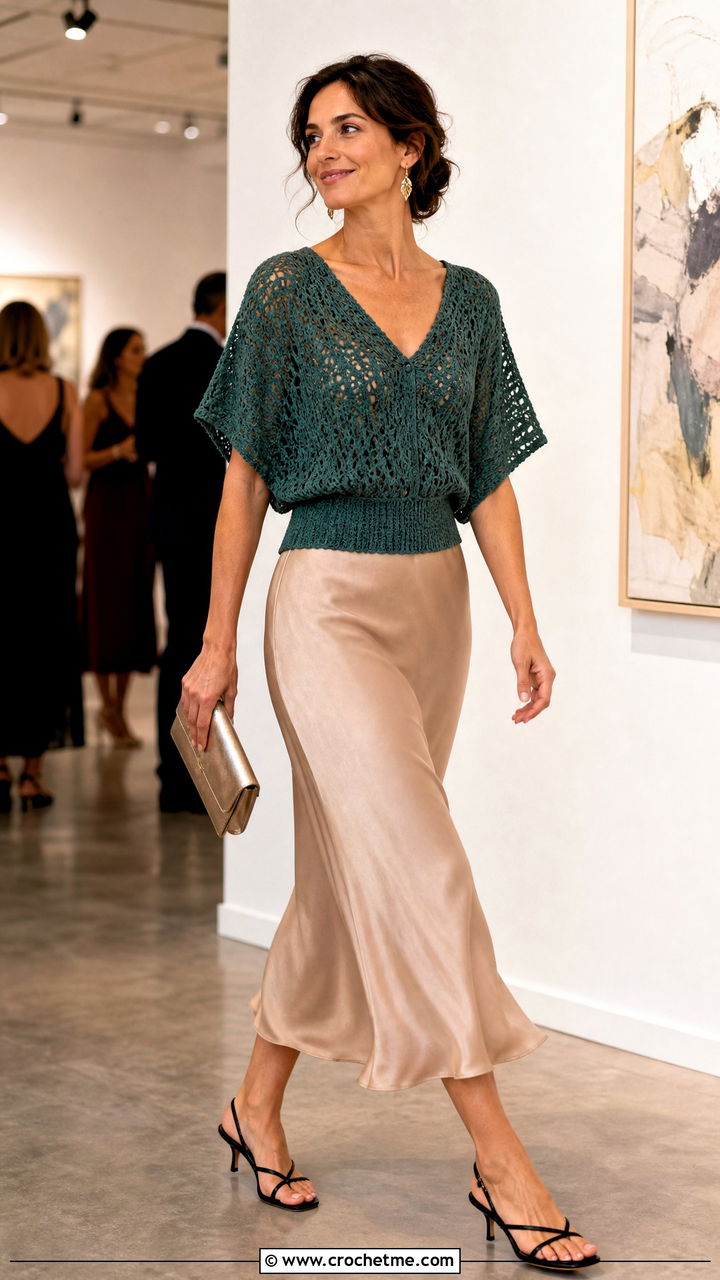 V Neck Dolman Crochet Blouse With Satin Midi Skirt - 35 crochet summer blouse outfit ideas