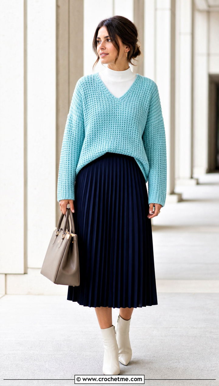 V Neck Drop Shoulder Rectangle Crochet Sweater With Pleated Skirt - 15 Rectangle Crochet Sweater outfit ideas