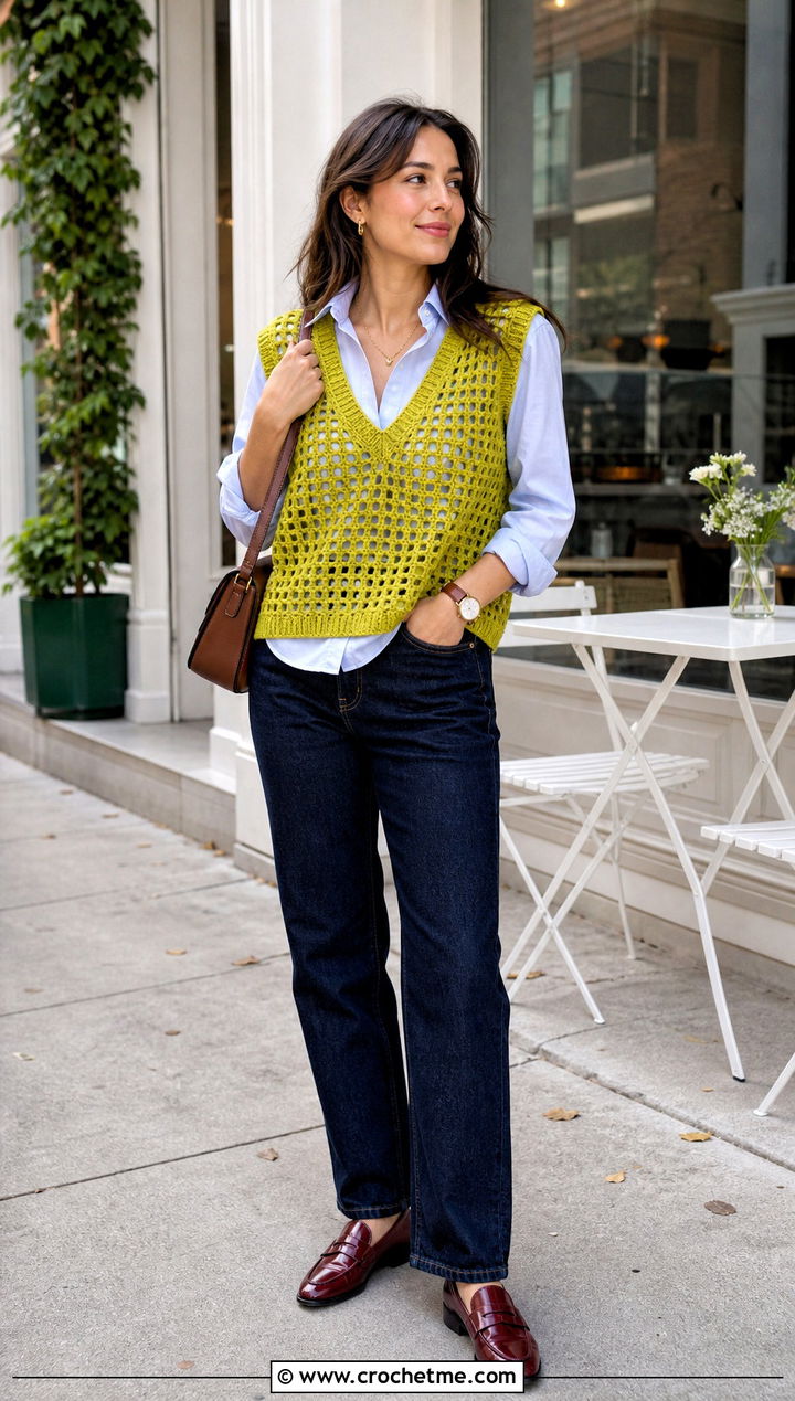 V Neck Filet Crochet Vest With Poplin Shirt - 35 filet crochet vest outfit ideas
