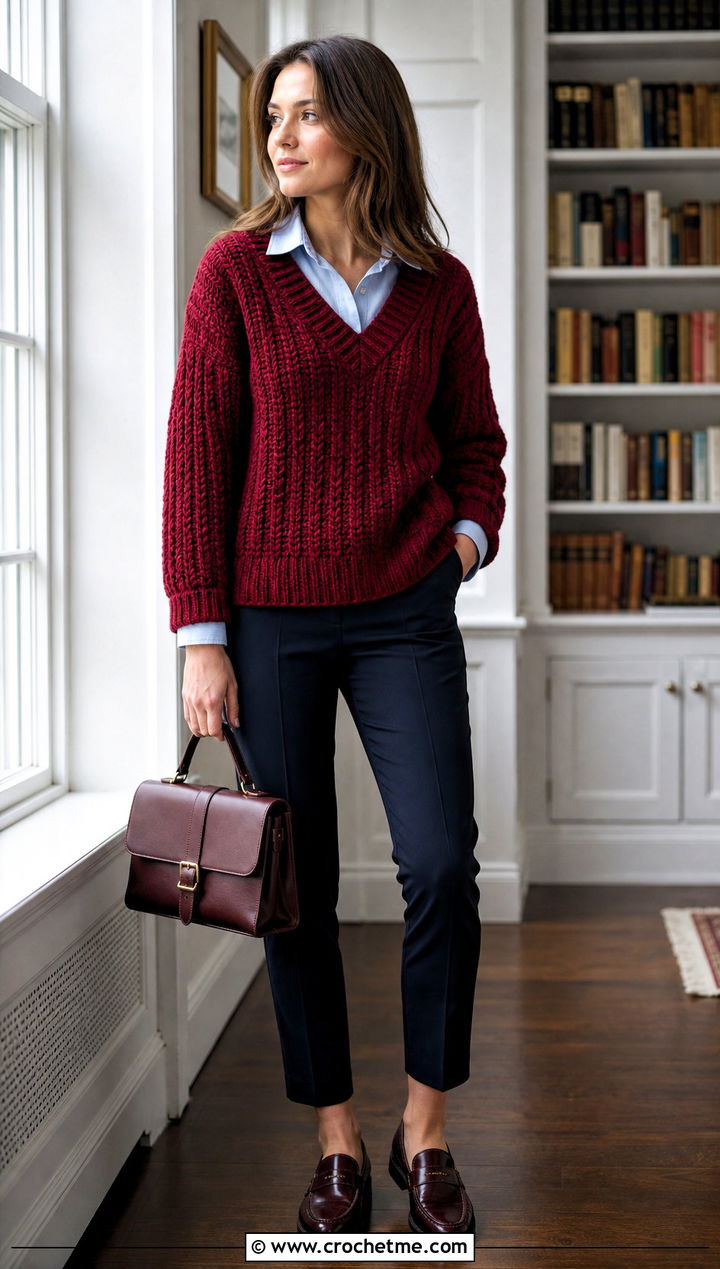 V Neck Fisherman Crochet Sweater With Collared Shirt - 25 Fisherman Crochet Sweater outfit ideas