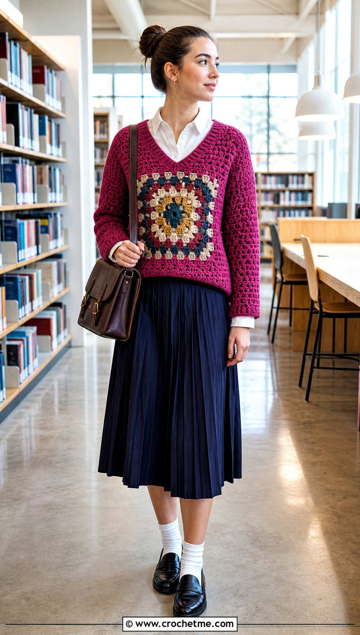 V Neck Giant Granny Square Sweater With Pleated Skirt - 30 giant granny square sweater outfit ideas
