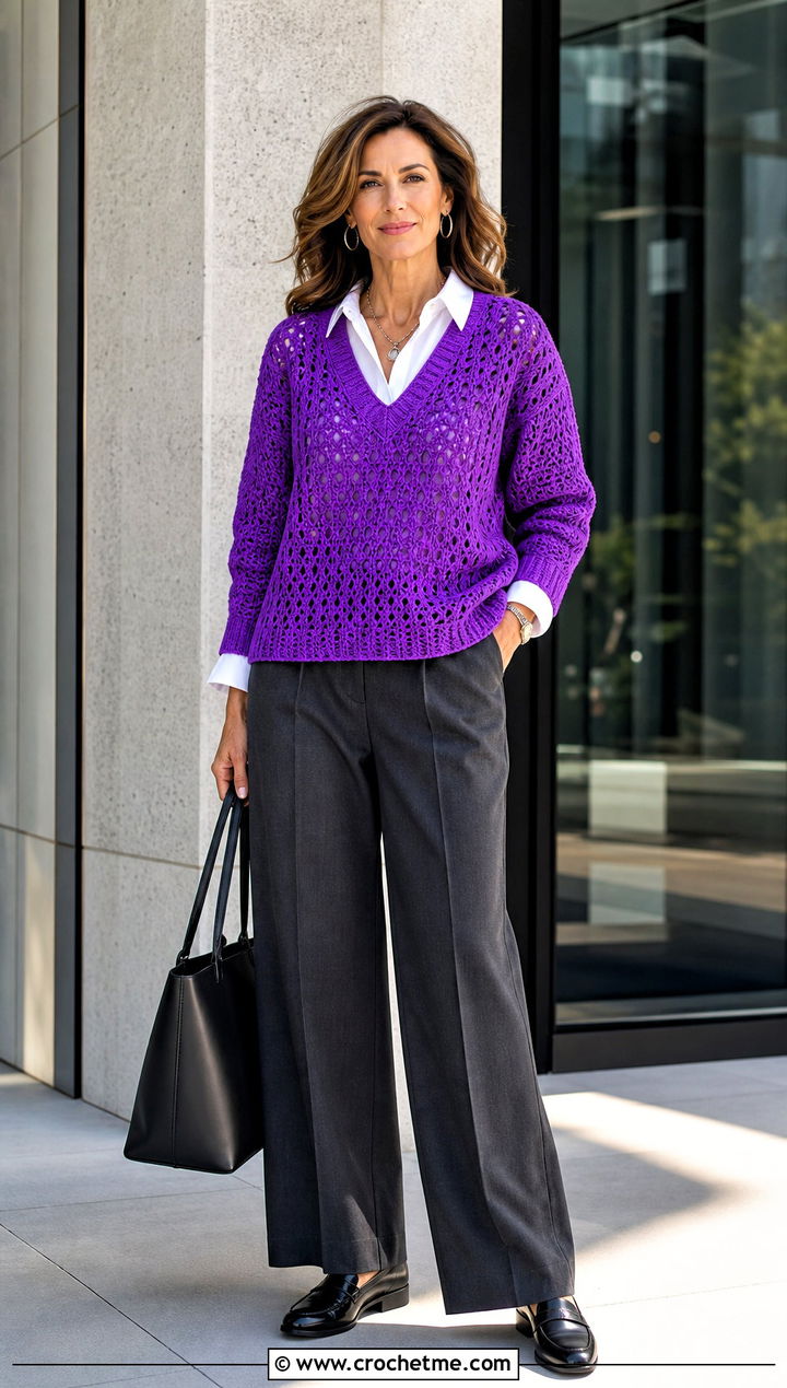 V Neck Granny Crochet Pullover With Tailored Trousers - 15 love my granny crochet pullover outfit ideas