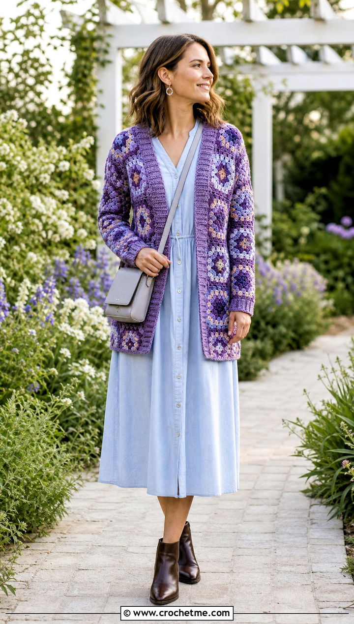 V Neck Granny Hexagon Cardigan With Button Front Dress - 35 granny square hexagon cardigan outfit ideas