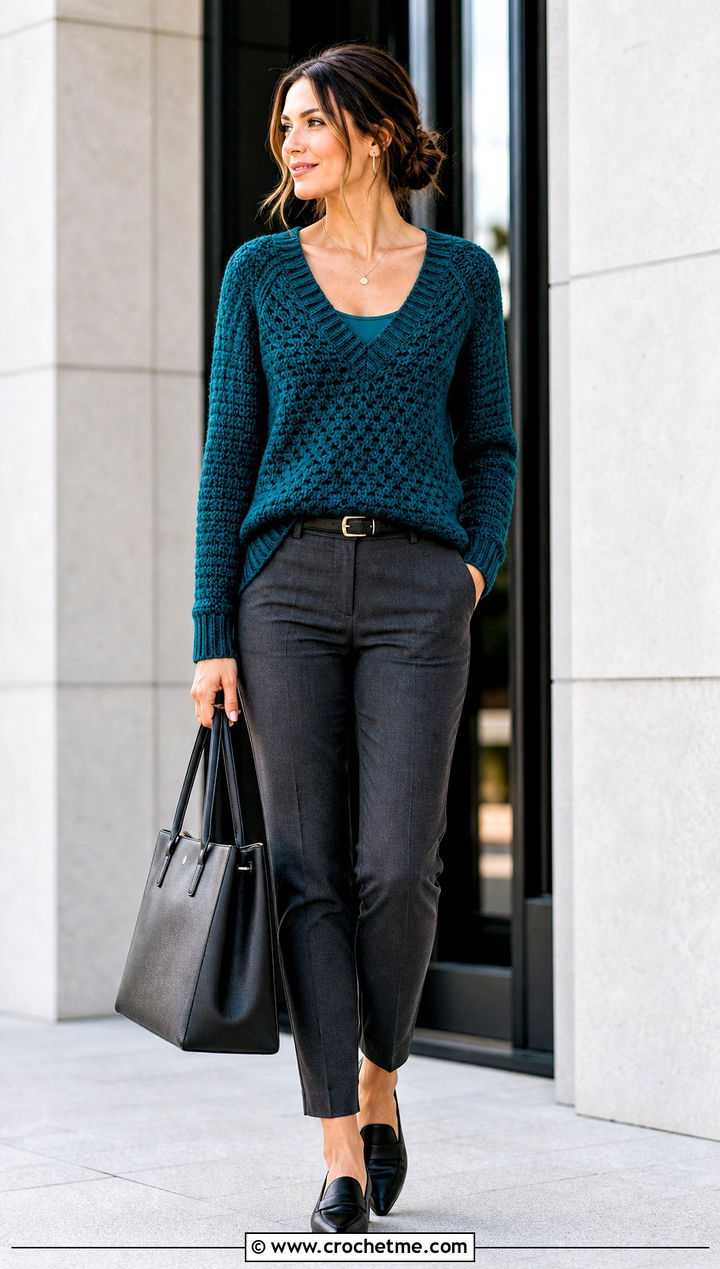 V Neck Granny Raglan Sweater With Tailored Suit Pants - 20 Crochet Granny Raglan Sweater outfit ideas