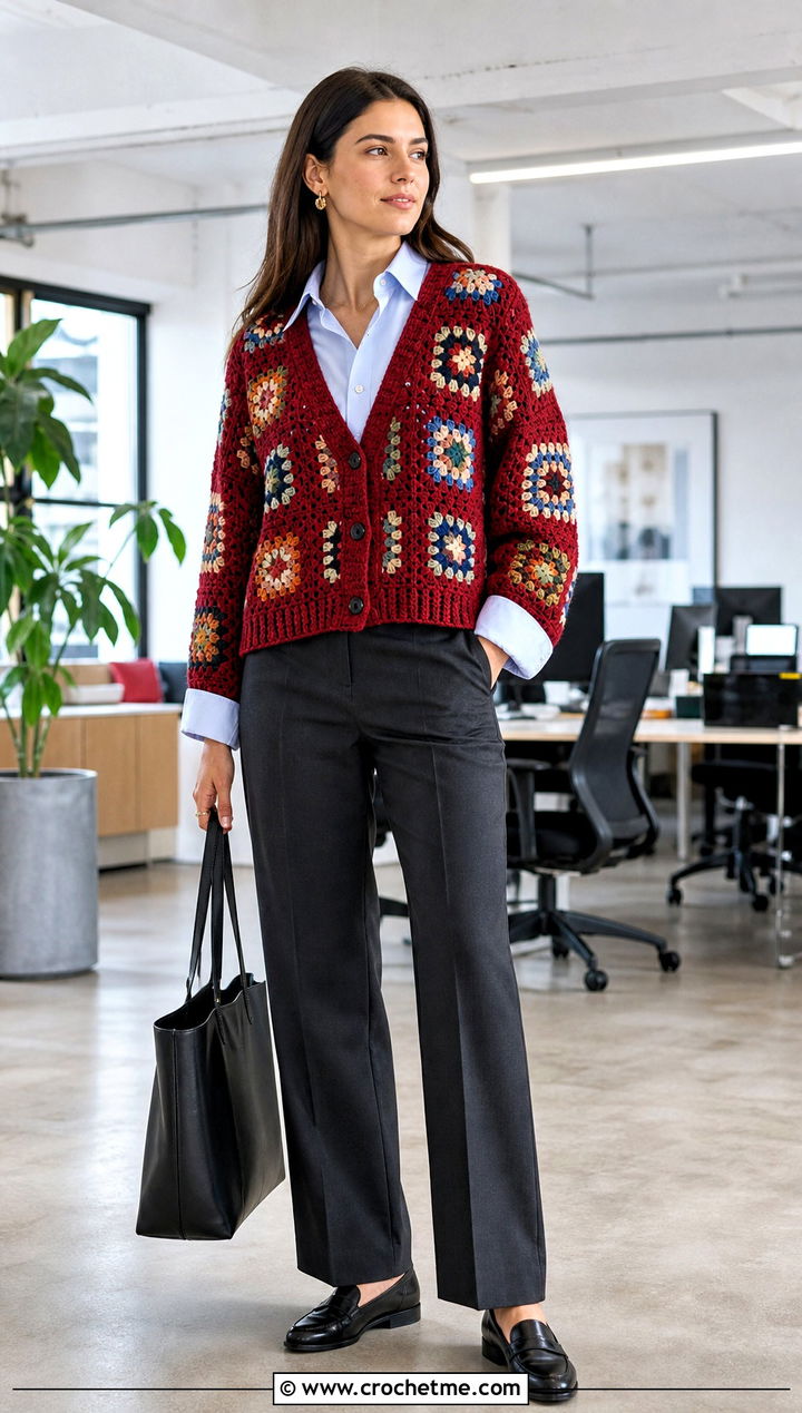 V Neck Granny Square Cardigan With Button Down Shirt - 35 Easy Simple Crochet Granny Square Cardigan outfit ideas