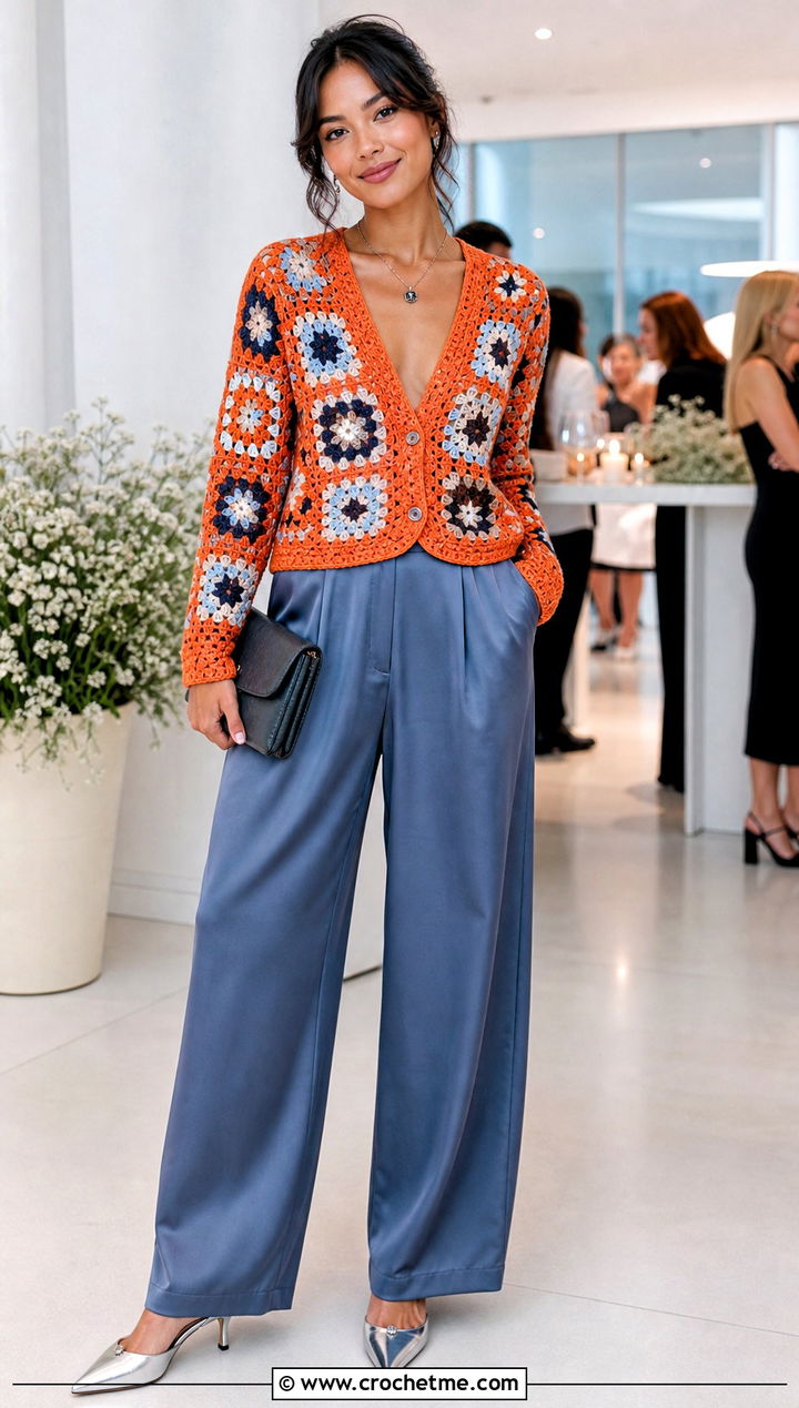 V Neck Granny Square Cardigan With Satin Trousers - 30 crochet granny squares cardigan outfit ideas