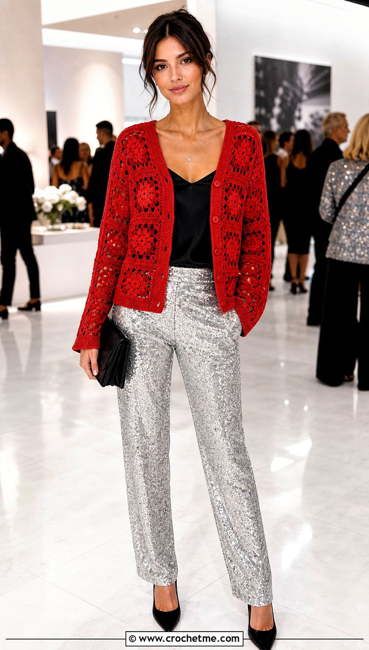 V Neck Granny Square Crochet Cardigan With Sequin Pants - 25 Crochet Cardigan From Square outfit ideas