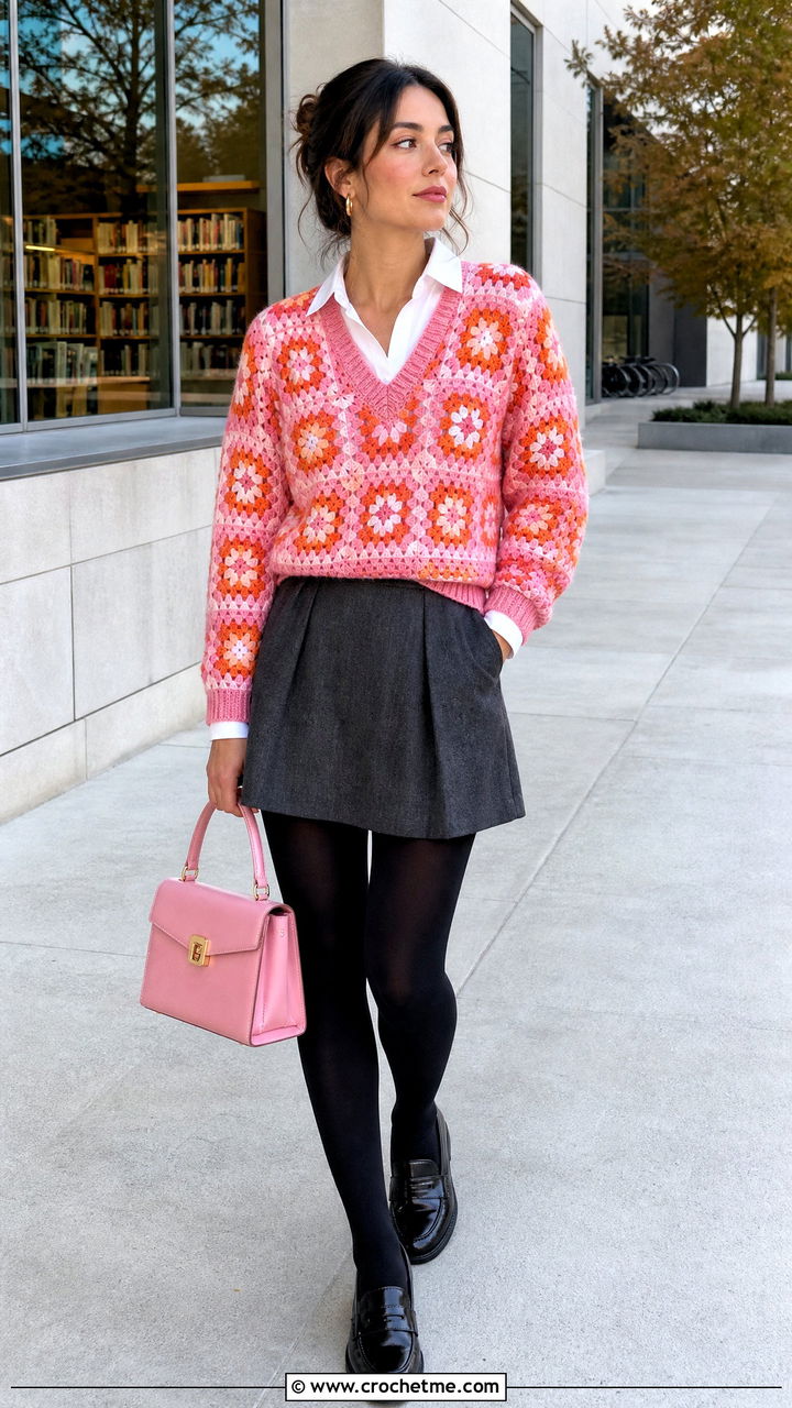 V Neck Granny Square Crochet Sweater With Collared Shirt And Mini Skirt - 35 granny square crochet sweater outfit ideas