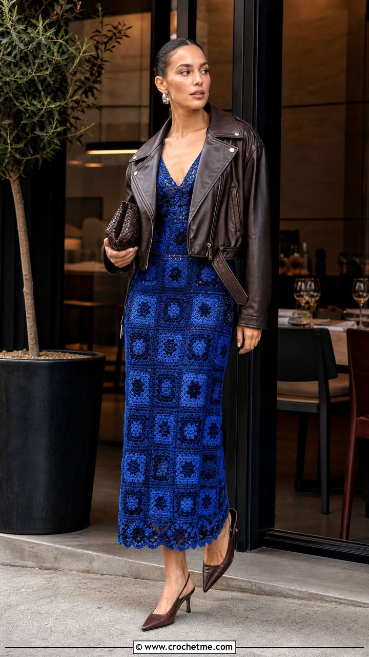 V Neck Granny Square Dress With Moto Jacket And Heels - 35 granny square dress outfit ideas
