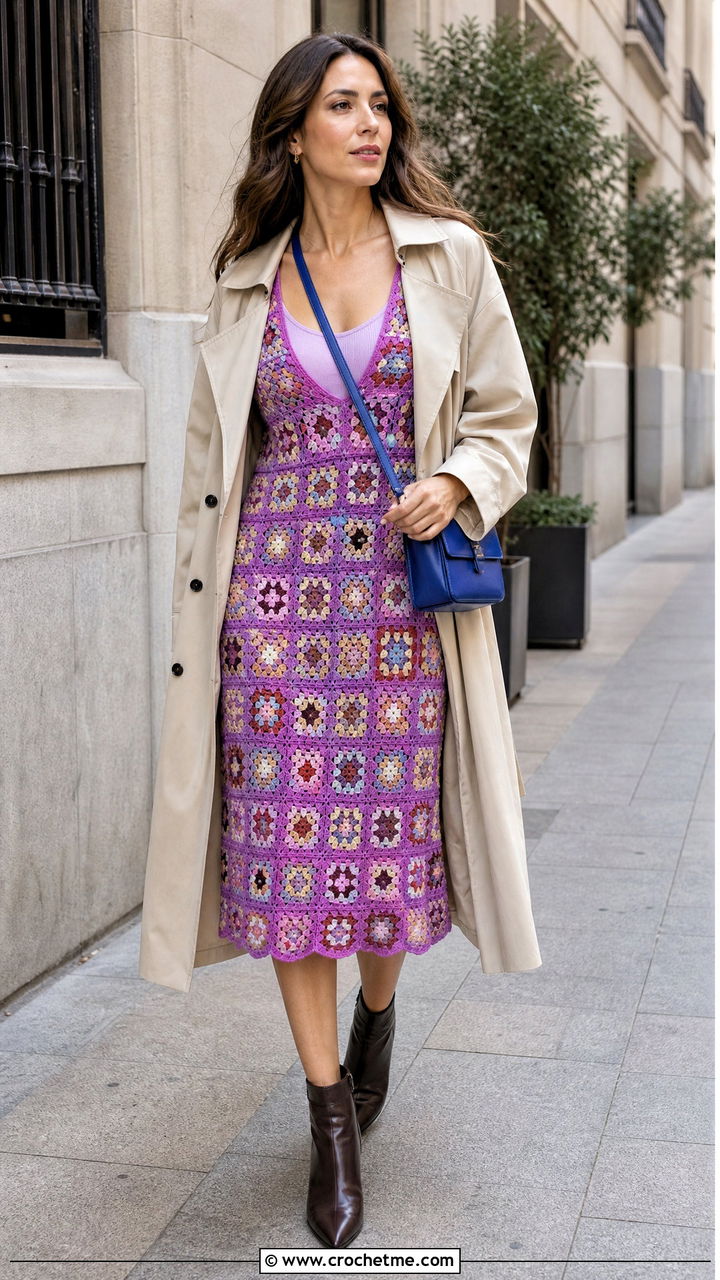 V Neck Granny Square Dress With Trench Coat - 35 crochet granny square dress outfit ideas