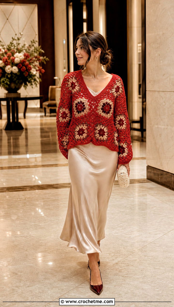 V Neck Granny Square Jumper With Satin Slip Skirt - 25 Crochet Granny Jumper outfit ideas