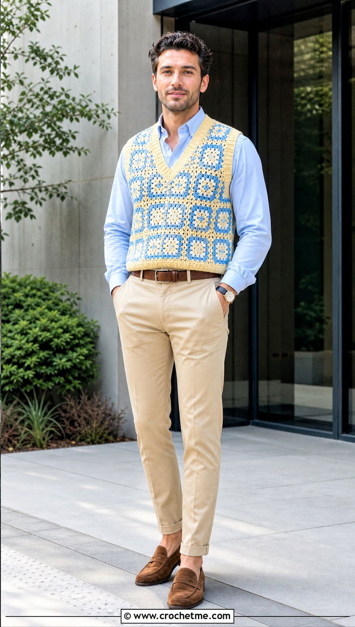 V Neck Granny Square Mens Vest With Oxford Shirt And Chinos - 25 crochet granny square mens vest outfit ideas