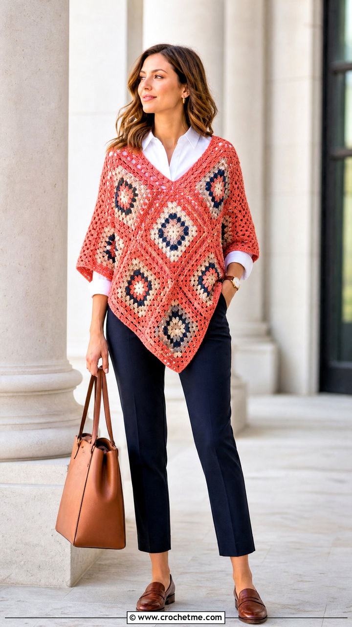 V Neck Granny Square Poncho With Button Down Shirt - 35 crochet granny square poncho outfit ideas