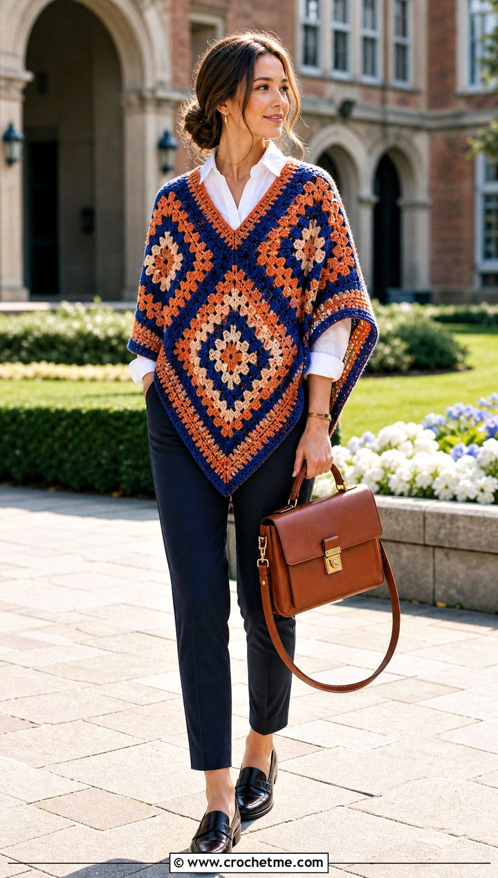 V Neck Granny Square Poncho With White Shirt - 35 granny square poncho outfit ideas