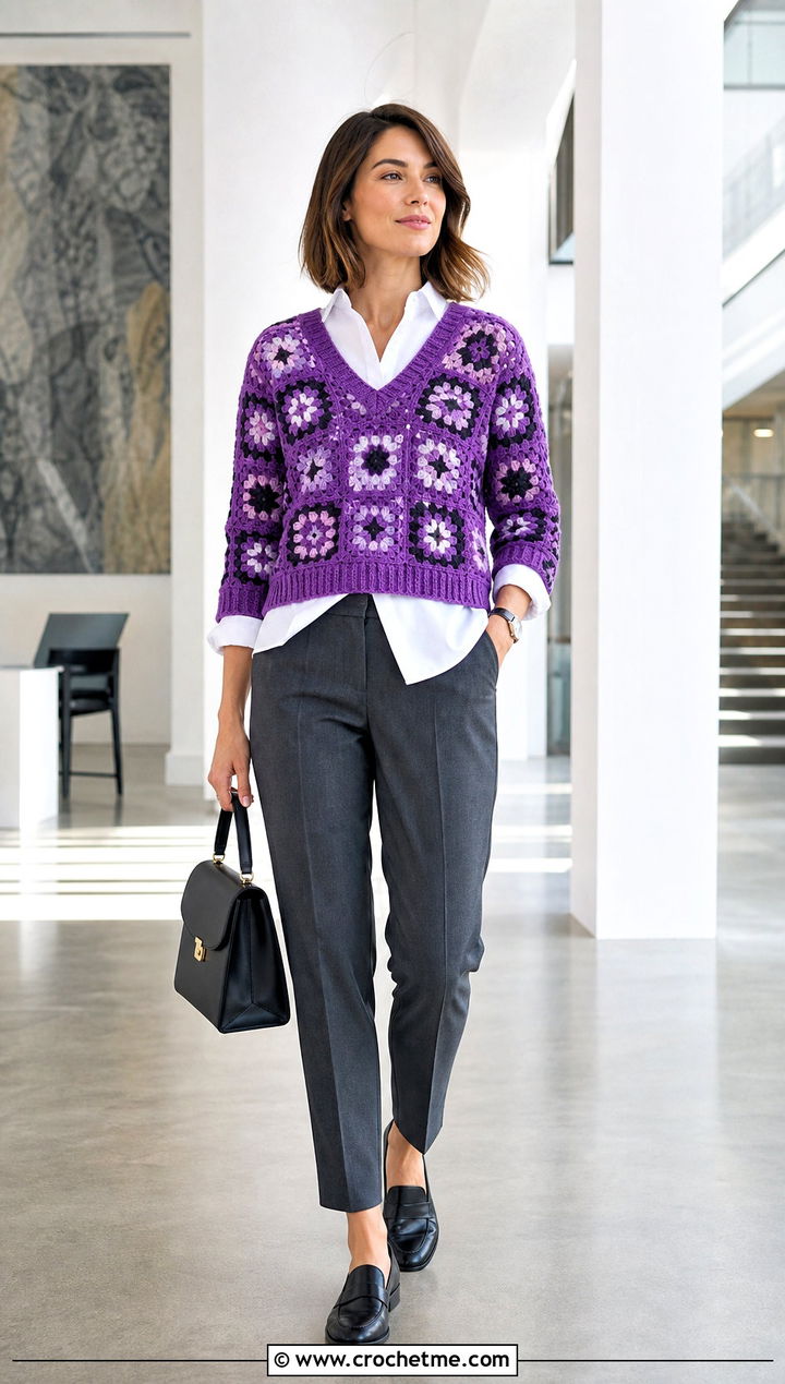 V Neck Granny Square Pullover Sweater With Button Down Shirt - 25 crochet granny square pullover sweater outfit ideas