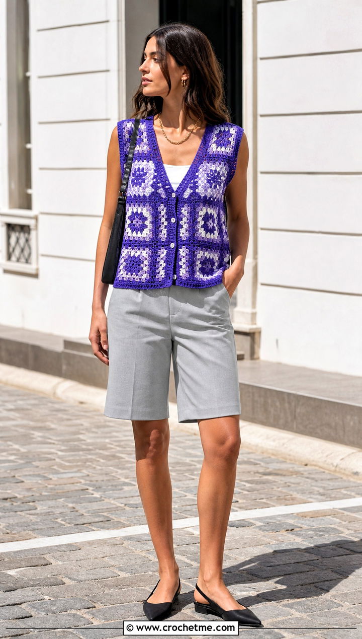V Neck Granny Square Sleeveless Cardigan With Bermuda Shorts - 30 granny square sleeveless cardigan outfit ideas