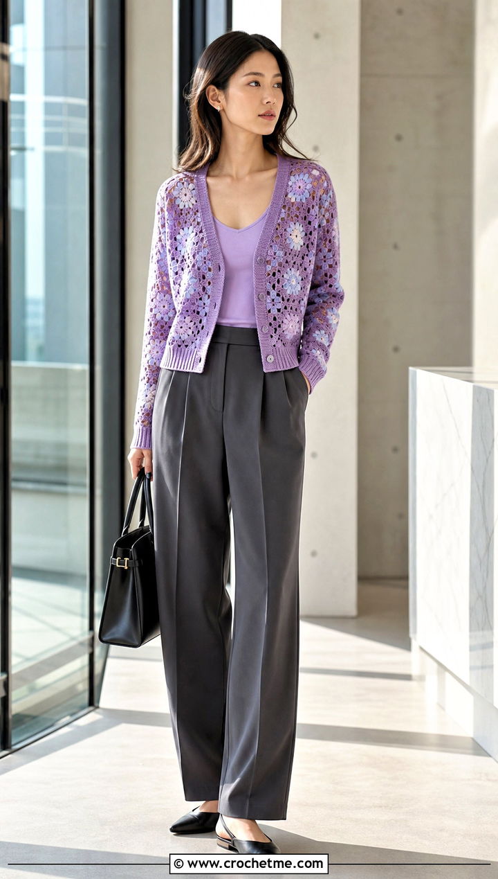 V Neck Granny Square Summer Cardigan With Pleated Trousers - 30 granny square summer cardigan outfit ideas