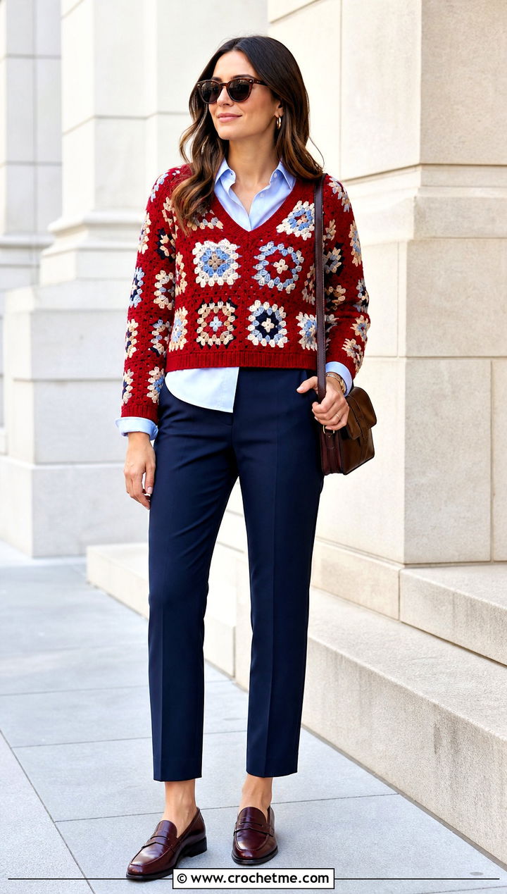 V Neck Granny Square Sweater With Button Down Shirt - 30 easy granny square sweater outfit ideas