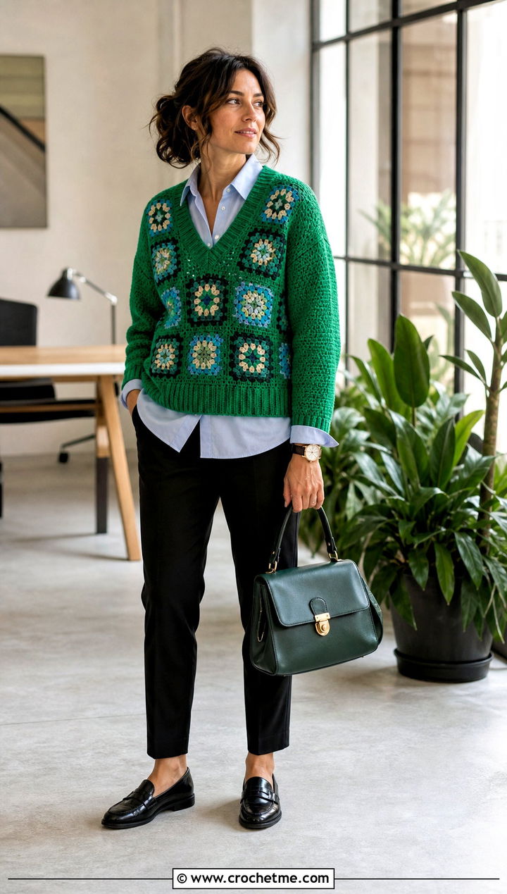 V Neck Granny Square Sweater With Button Front Shirt - 25 Square Crochet Sweater outfit ideas