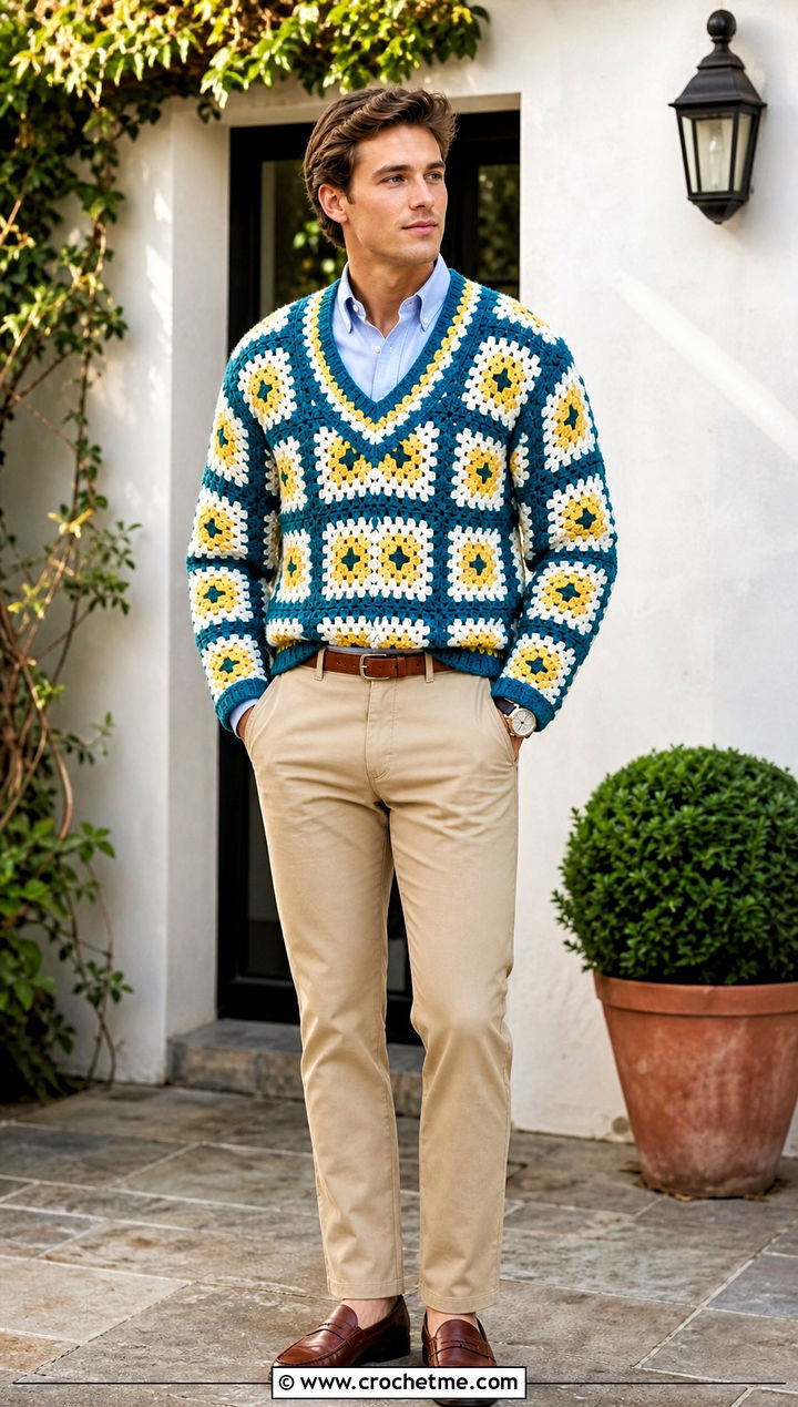V Neck Granny Square Sweater With Oxford Shirt - 25 Crochet Granny Square Sweater For Men outfit ideas