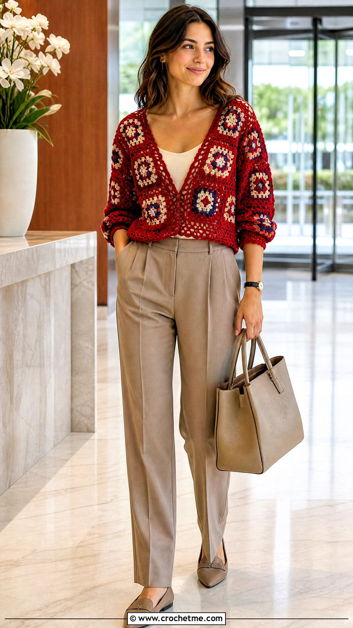 V Neck Granny Square Sweater With Pleated Trousers - 35 4 Granny Square Sweater outfit ideas