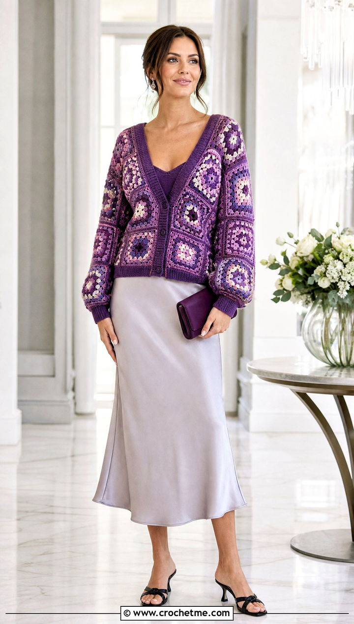 V Neck Granny Square Sweater With Satin Midi Skirt - 30 crochet sweater with granny squares outfit ideas