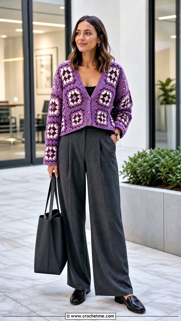 V Neck Granny Square Sweater With Tailored Trousers - 35 granny square sweater outfit ideas