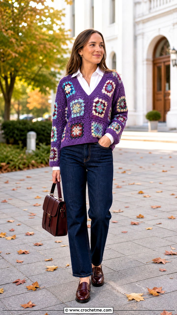 V Neck Granny Square Sweater With White Button Down Shirt - 35 crochet granny square sweater outfit ideas