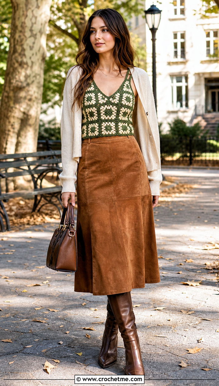 V Neck Granny Square Tank Top With Suede Skirt - 25 Crochet Square Tank Top outfit ideas