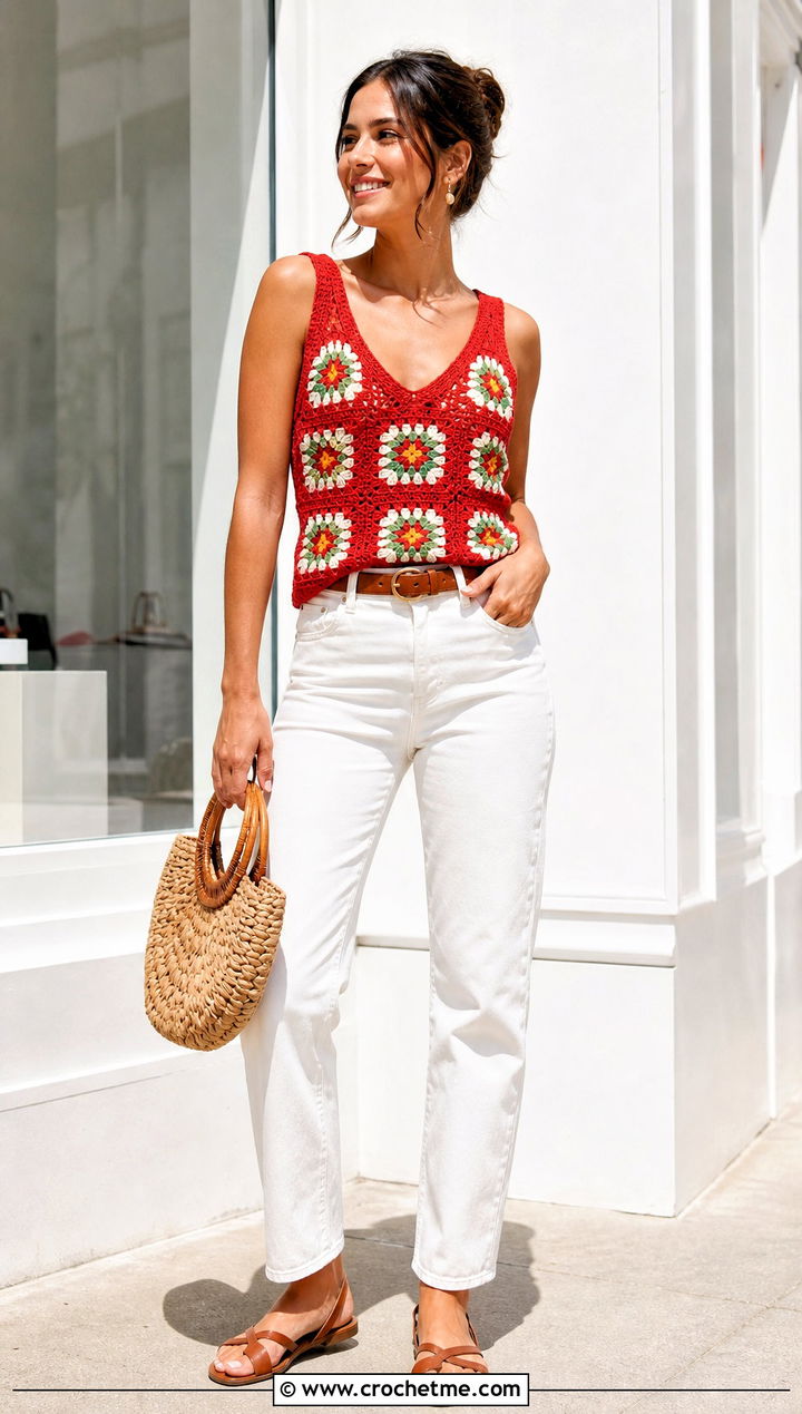 V Neck Granny Square Tank Top With White Jeans - 25 crochet granny tank top outfit ideas