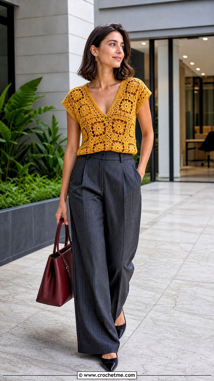 V Neck Granny Square Top With Pinstripe Trousers - 35 crochet granny square top outfit ideas