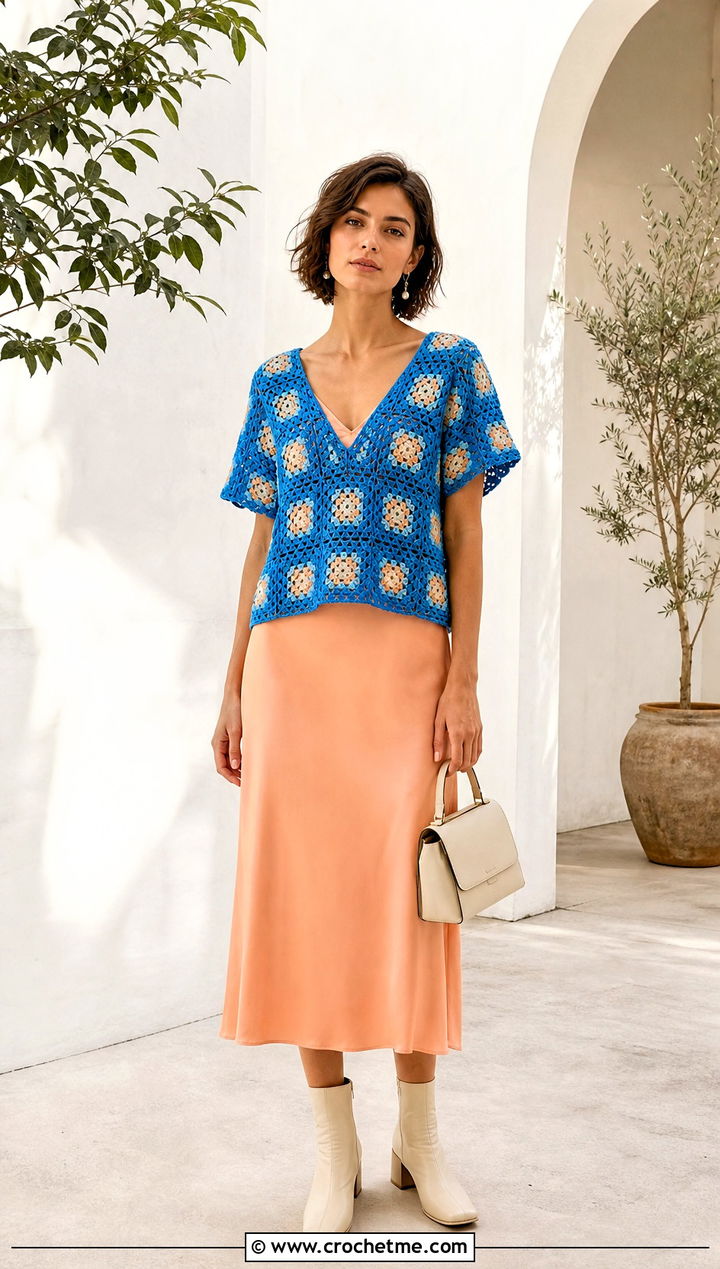 V Neck Granny Square Top With Slip Dress - 35 granny squares top outfit ideas
