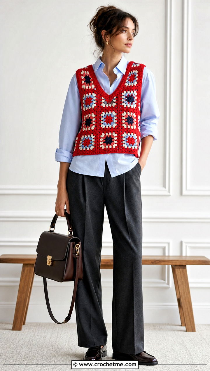 V Neck Granny Square Vest Tank With Oxford Shirt - 35 granny square tank outfit ideas